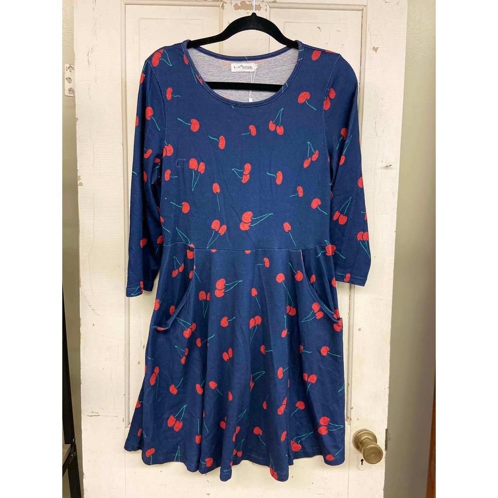 NEW LA Soul Womens Navy Blue Cherry Print Skater Dress Long Sleeve Pockets LARGE